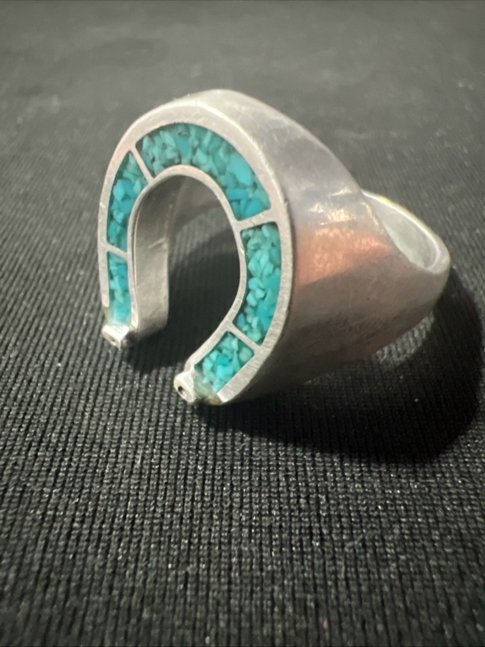 Vintage Navajo Sterling Silver Horseshoe Ring Featuring Turquoise Inlay Size 12 - Picture 6 of 8